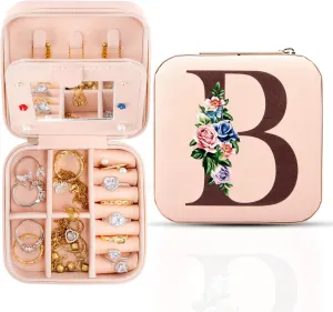 Meschett Travel Jewelry Box with Mirror, Travel Essentials Jewelry Holder Organizer, Ring Necklace Earring Organizer, Personalized Initial Travel Jewelry Case, Gifts for Women and Girls,B