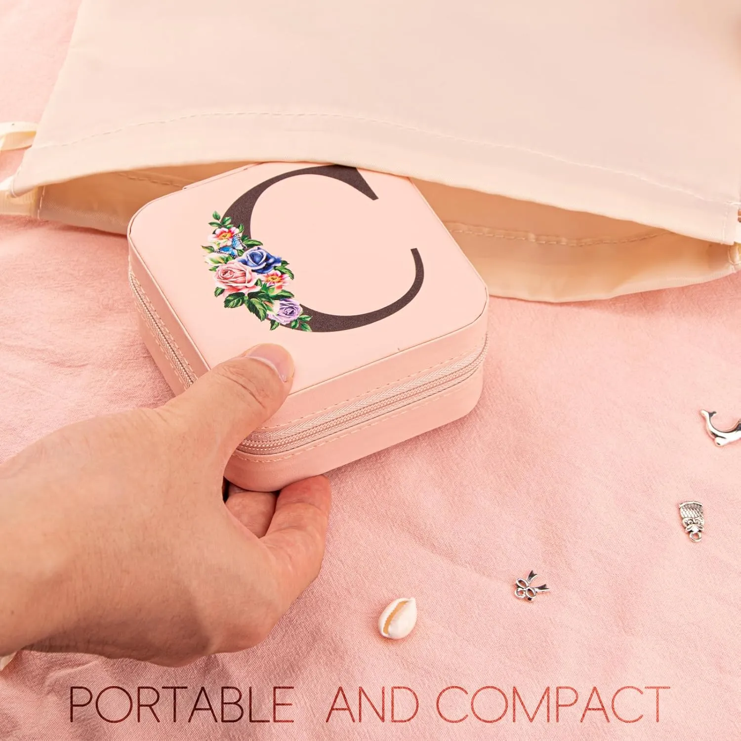 Meschett Travel Jewelry Box with Mirror, Travel Essentials Jewelry Holder Organizer, Ring Necklace Earring Organizer, Personalized Initial Travel Jewelry Case, Gifts for Women and Girls,D