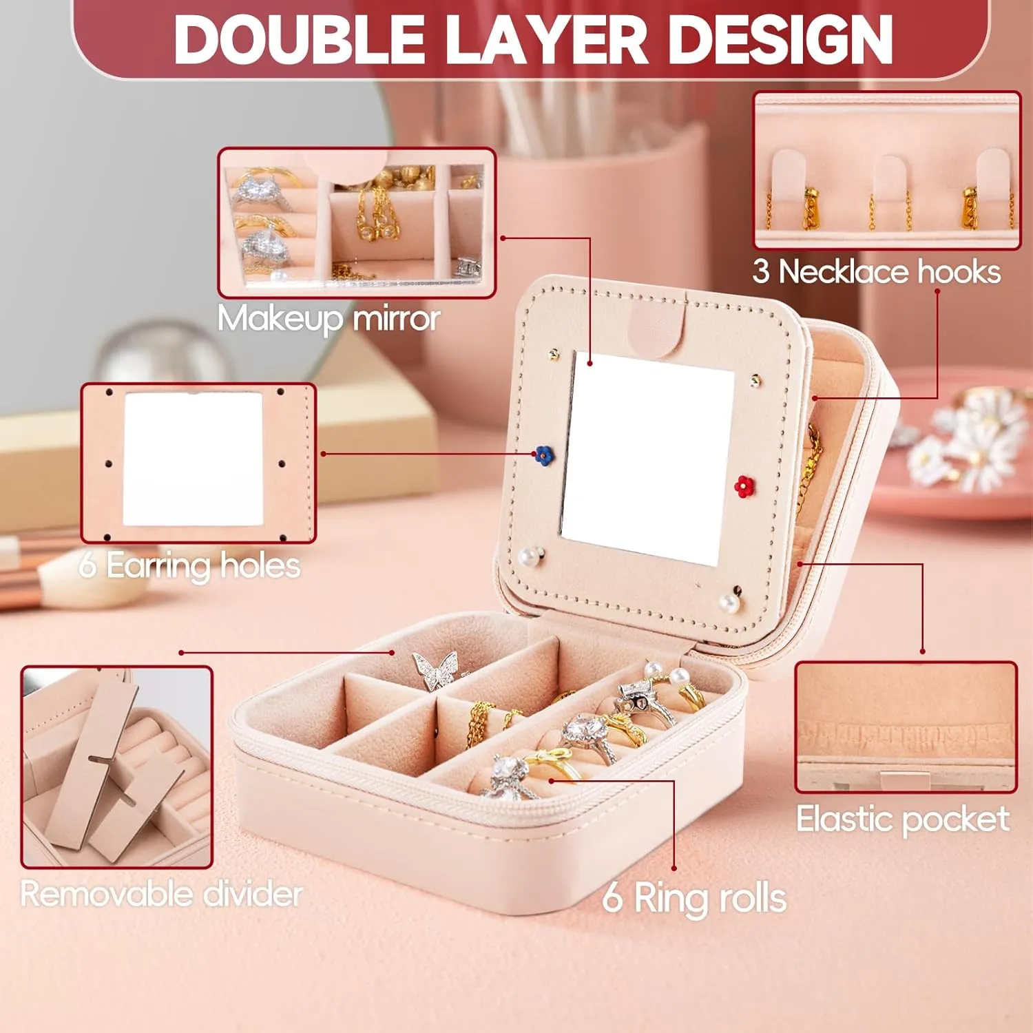 Meschett Travel Jewelry Box with Mirror, Travel Essentials Jewelry Holder Organizer, Ring Necklace Earring Organizer, Personalized Initial Travel Jewelry Case, Gifts for Women and Girls,D
