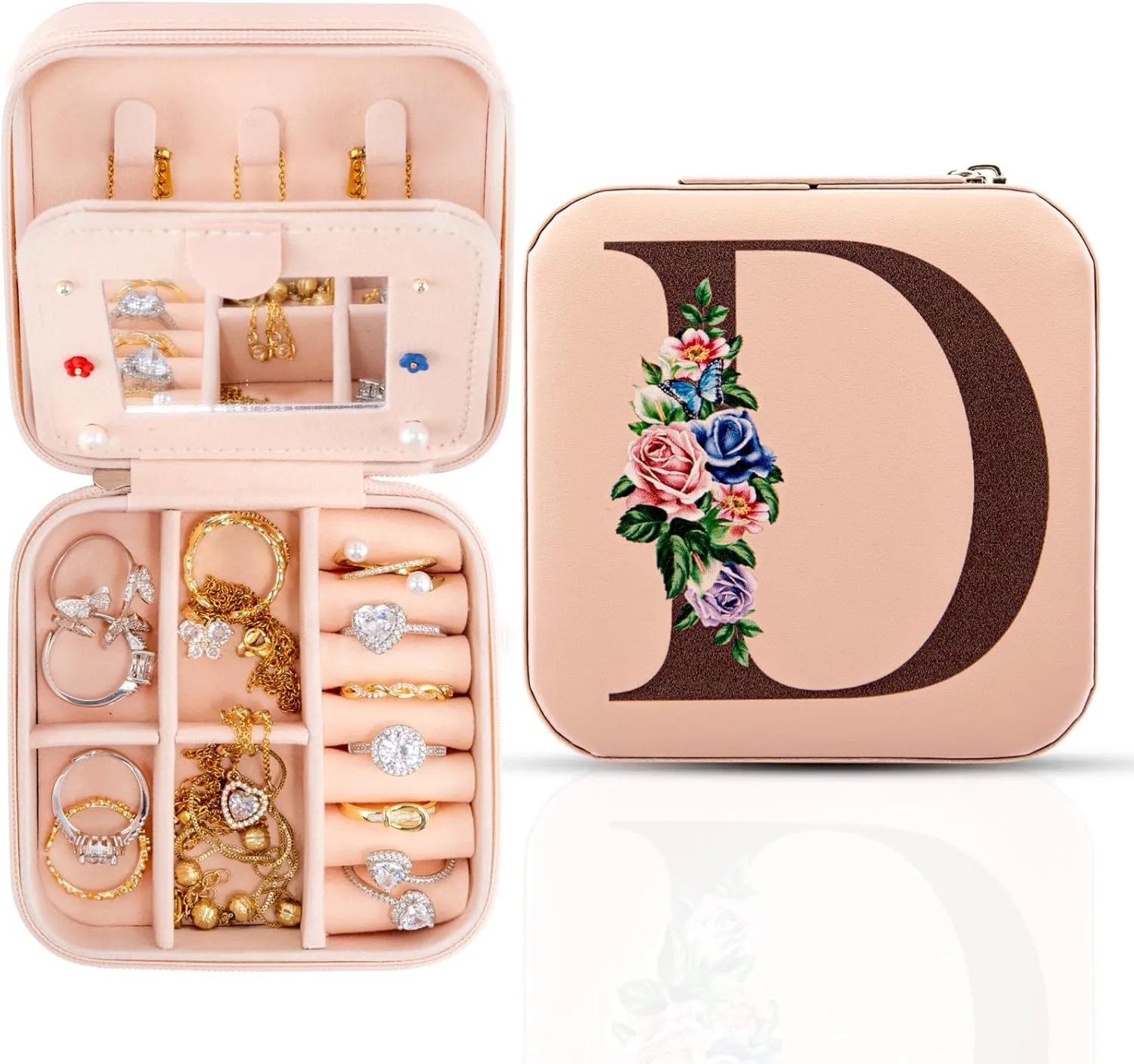 Meschett Travel Jewelry Box with Mirror, Travel Essentials Jewelry Holder Organizer, Ring Necklace Earring Organizer, Personalized Initial Travel Jewelry Case, Gifts for Women and Girls,D