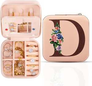 Meschett Travel Jewelry Box with Mirror, Travel Essentials Jewelry Holder Organizer, Ring Necklace Earring Organizer, Personalized Initial Travel Jewelry Case, Gifts for Women and Girls,D