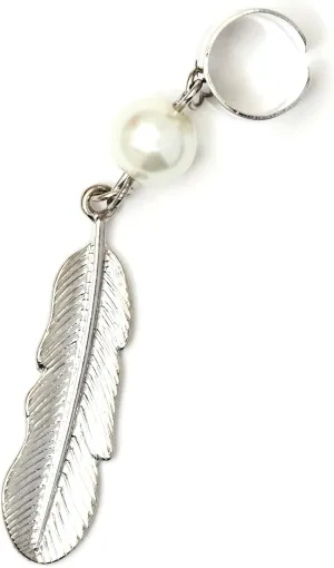 Metal Feather Ear Cuff Wrap Dangling Faux Pearl Silver Tone CC09 Earring Fashion Jewelry