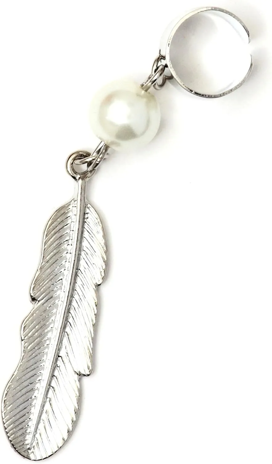 Metal Feather Ear Cuff Wrap Dangling Faux Pearl Silver Tone CC09 Earring Fashion Jewelry