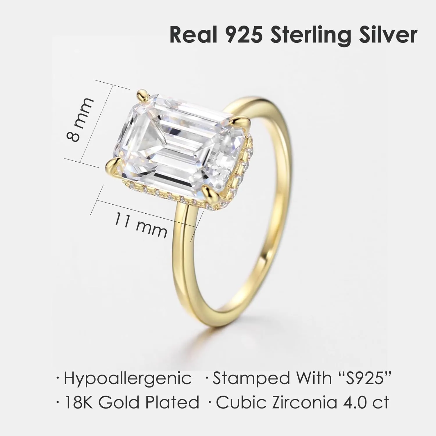 Michooyel 18K Gold Plated 4ct Emerald Cut Cubic Zirconia Engagement Rings For Women Sterling Silver Wedding Ring Promise Ring Sterling Silver Wedding Band