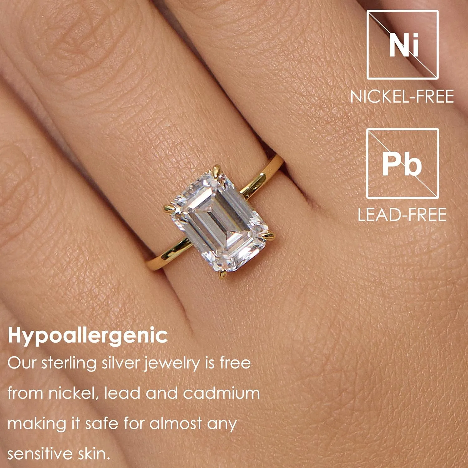 Michooyel 18K Gold Plated 4ct Emerald Cut Cubic Zirconia Engagement Rings For Women Sterling Silver Wedding Ring Promise Ring Sterling Silver Wedding Band