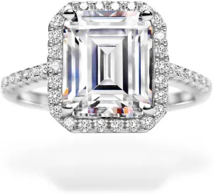 Michooyel S925 4.0ct Emerald Cut Engagement Ring for Women Halo Promise Ring Cubic Zirconia Sterling Silver Wedding Band Ring for Women