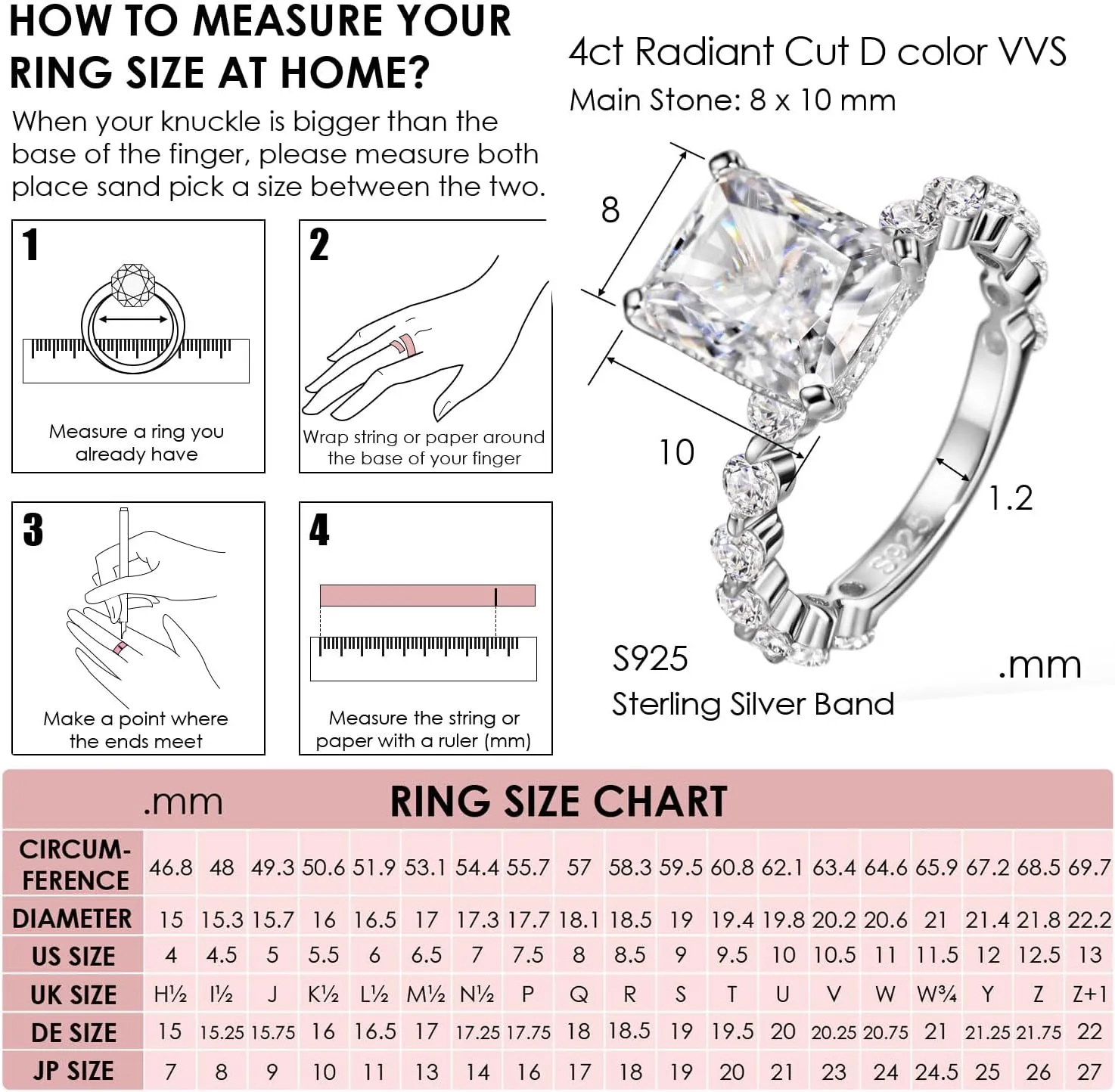 Michooyel S925 4ct Radiant Cut Cubic Zirconia Engagement Rings For Women Wedding Ring Promise Ring Sterling Silver Wedding Band