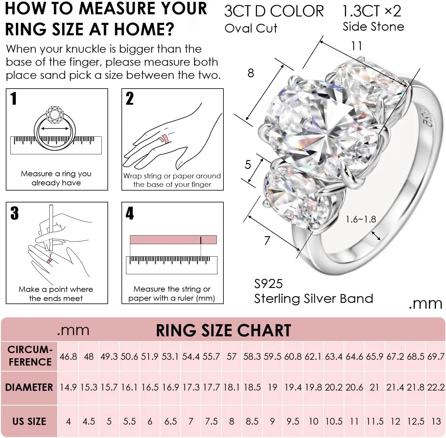 Michooyel S925 Oval Cut 3-Stone Engagement Ring for Women 5.6cttw Cubic Zirconia Wedding Promise Ring Sterling Silver Wedding Band For Women