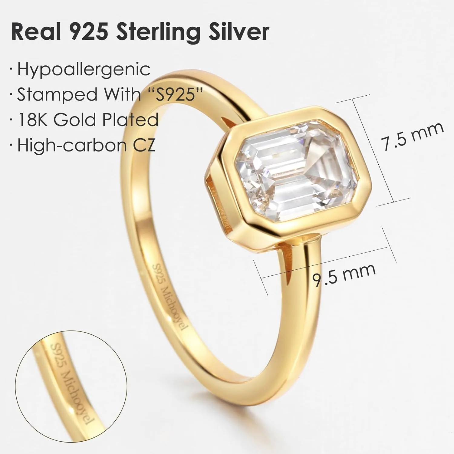 Michooyel Sterling Silver 2ct Emerald Cut Cubic Zirconia Engagement Rings for Women 18K Gold Plated Solitaire Bezel Setting Wedding Ring Promise Ring Wedding Band