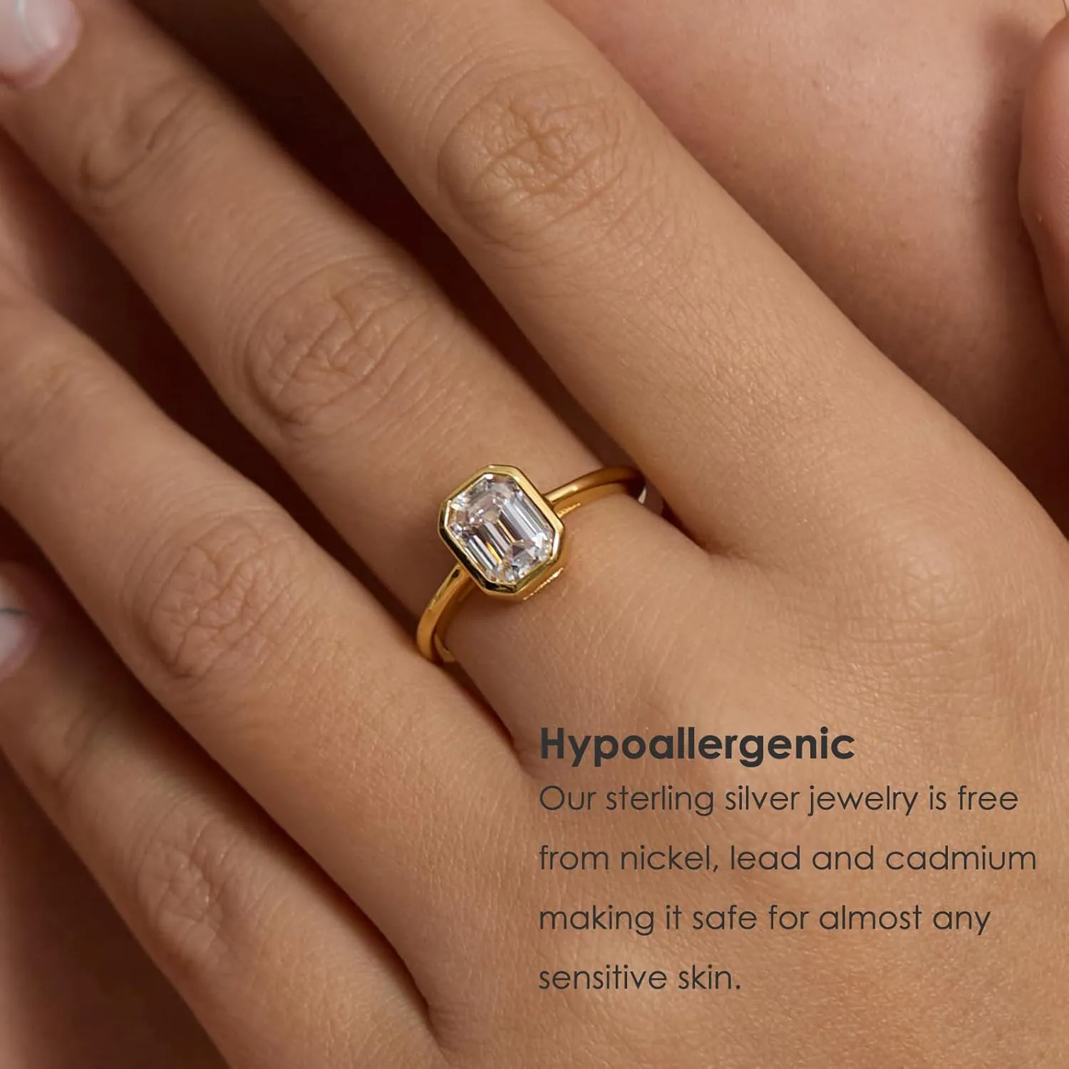 Michooyel Sterling Silver 2ct Emerald Cut Cubic Zirconia Engagement Rings for Women 18K Gold Plated Solitaire Bezel Setting Wedding Ring Promise Ring Wedding Band