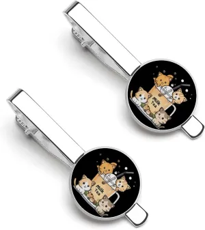 Milk Tea Pearls Cat Love Men's Tie Clip Round Tie Bar Tie Tack Pins Jewelry Accessories for Father's Day Gifts