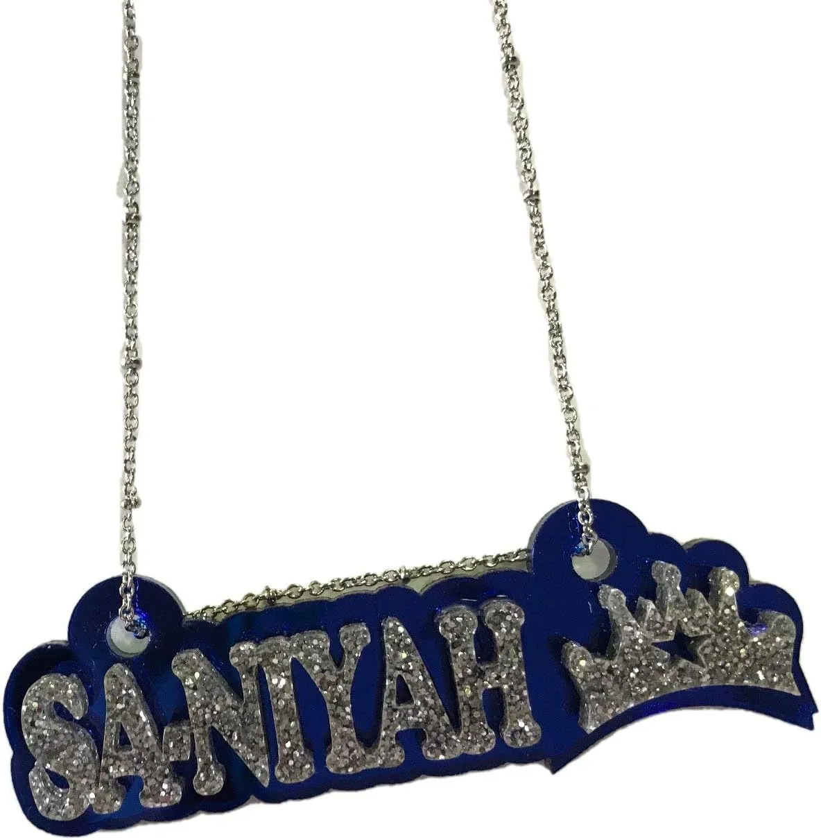 MIRROR MANIA Name Plate Custom Name Necklace Nameplate Laser Cut Personalized, Diamond Look Letters with Color Choice Back, Silver Chain and Design, Made To Order Any Name - Dazzling and Stunning!