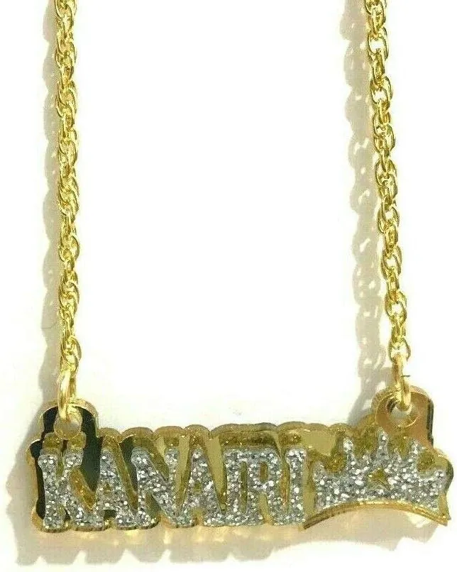 MIRROR MANIA Name Plate Custom Name Necklace Nameplate Name Laser Cut Personalized, Diamond Look Letters with Crown, Gold Chain, Made To Order Any Name - Dazzling and Stunning!