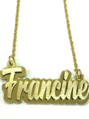 MIRROR MANIA Name Plate Custom Name Necklace Nameplate Script Cursive Gold Letters Name Laser Cut Personalized, Color Choice Background, Gold Chain, Made To Order Any Name - Dazzling and Stunning!