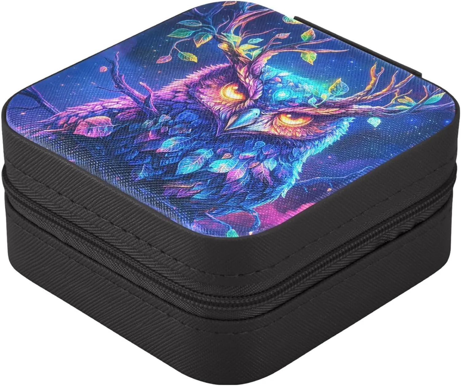MNSRUU Small Jewelry Box Storage and Organizer Glowing Eyes Owl Mini Travel Jewelry Case Portable Earring Ring Organizer Boxes for Women Girls, Black