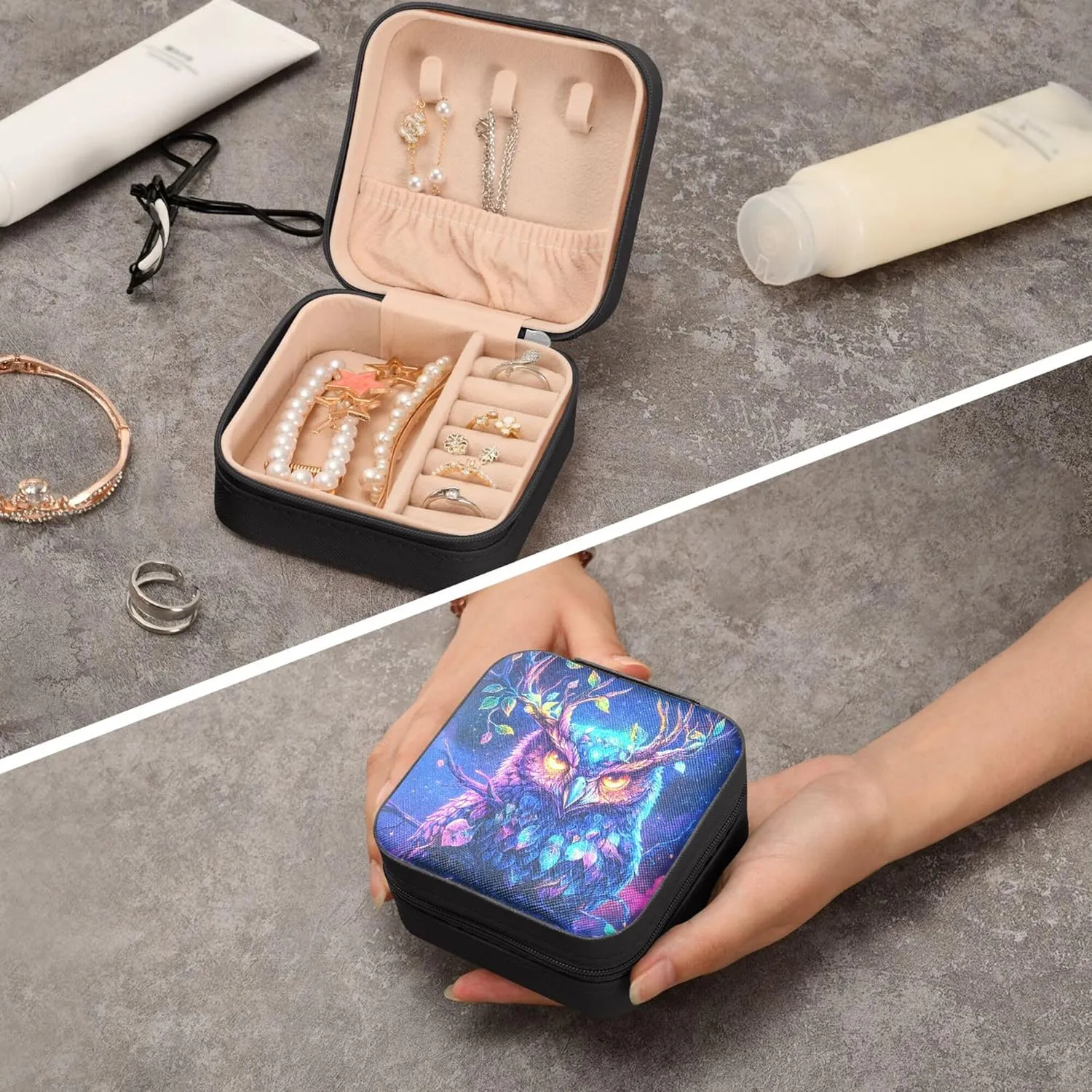 MNSRUU Small Jewelry Box Storage and Organizer Glowing Eyes Owl Mini Travel Jewelry Case Portable Earring Ring Organizer Boxes for Women Girls, Black