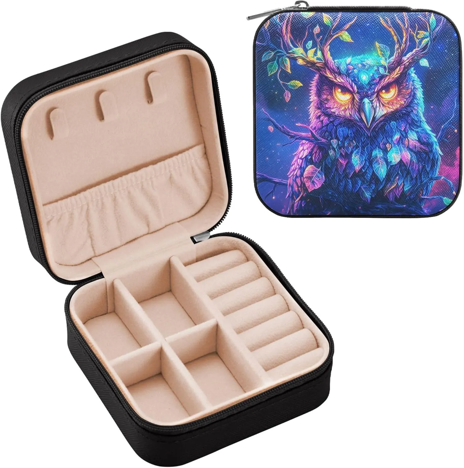 MNSRUU Small Jewelry Box Storage and Organizer Glowing Eyes Owl Mini Travel Jewelry Case Portable Earring Ring Organizer Boxes for Women Girls, Black