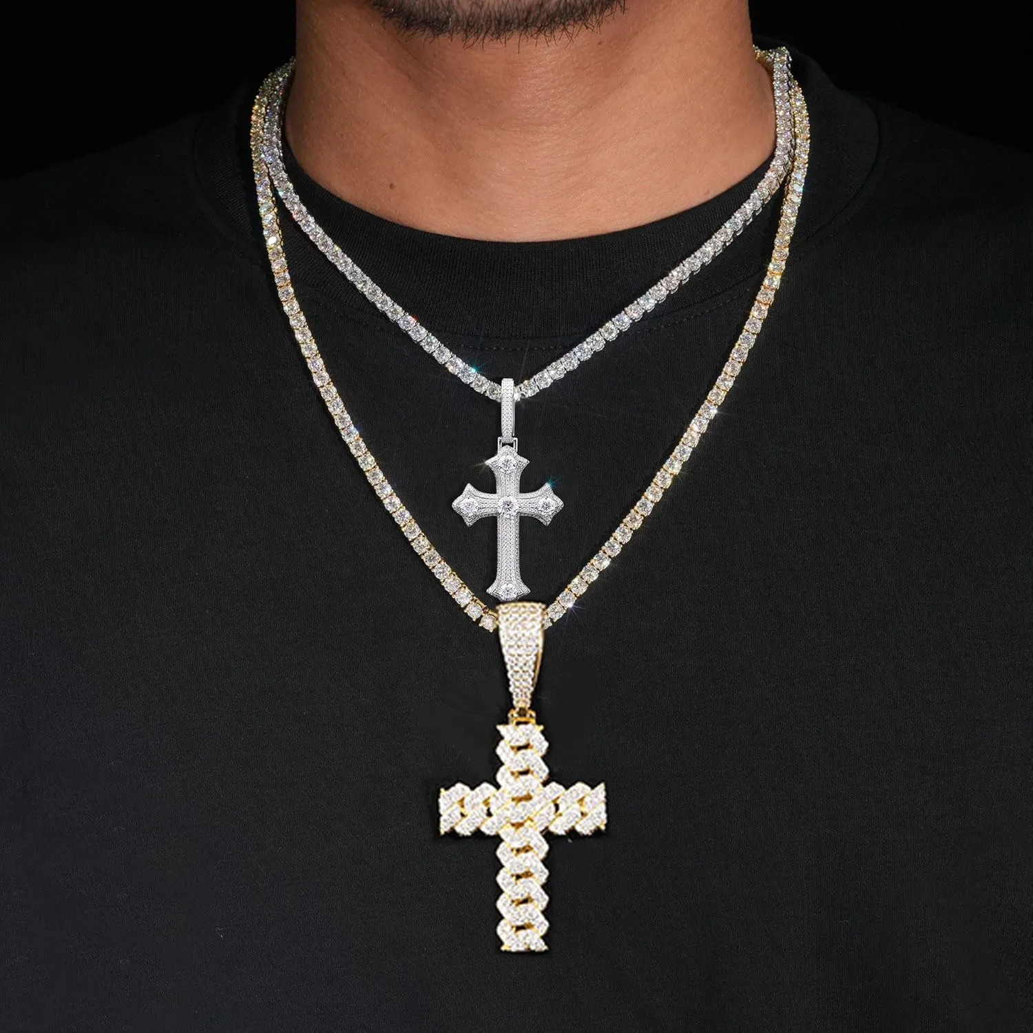 Moissanite Cross Necklace for Men,Large Diamond Hiphop Pendant,S925 Silver Simulated Diamond Crucifix Pendant Hiphop Cross Jewelry for Men Women Rapper