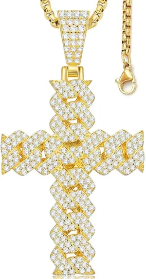 Moissanite Cross Necklace for Men,Large Diamond Hiphop Pendant,S925 Silver Simulated Diamond Crucifix Pendant Hiphop Cross Jewelry for Men Women Rapper