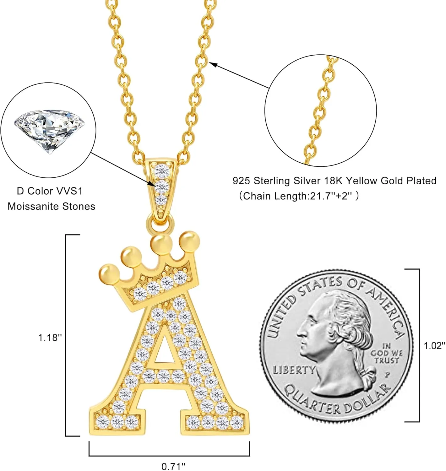 Moissanite Initial Necklace,925 Sterling Silver 18K Gold Plated Letter Necklace for Women, Hip Hop Crown Necklace for Men, Trendy A-Z Pendant Choker Jewelry