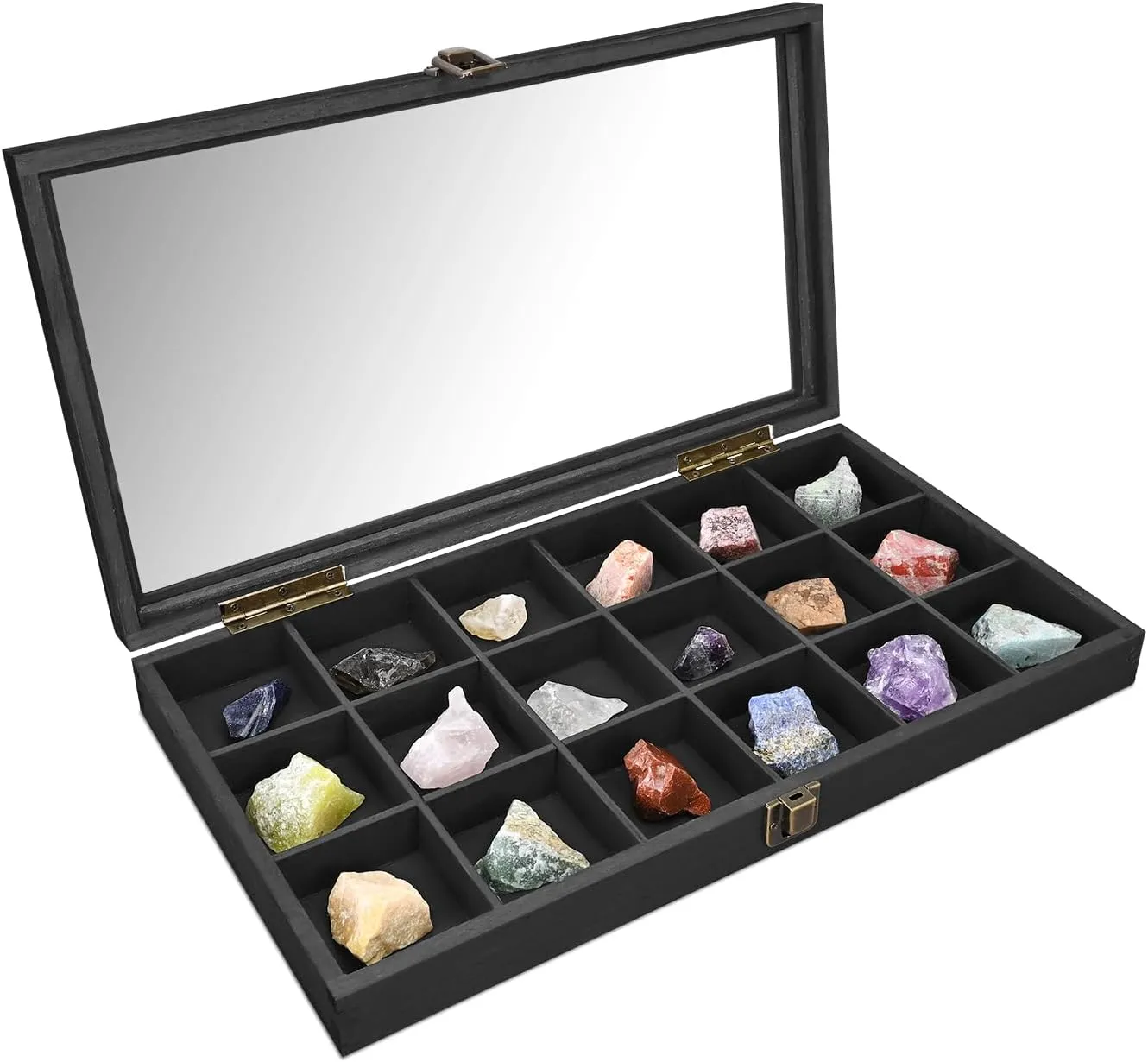 MOOCA Wooden Jewelry Display Case with Tempered Glass Lid & 18 Compartments Tray, Rock Collection Box, Crystal Display Case, Black Color