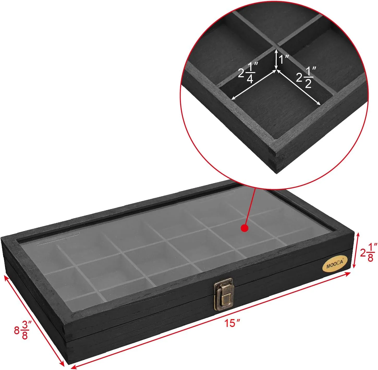 MOOCA Wooden Jewelry Display Case with Tempered Glass Lid & 18 Compartments Tray, Rock Collection Box, Crystal Display Case, Black Color