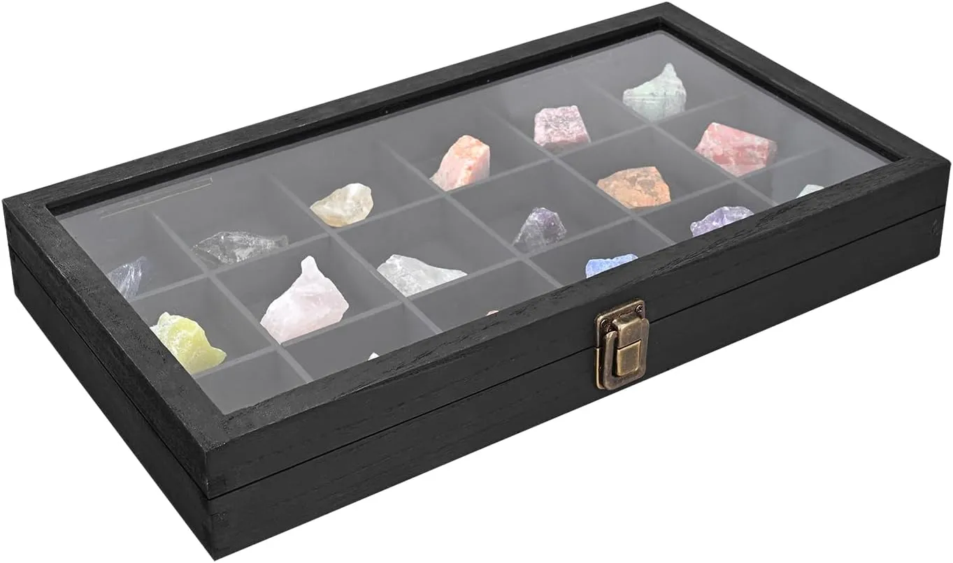 MOOCA Wooden Jewelry Display Case with Tempered Glass Lid & 18 Compartments Tray, Rock Collection Box, Crystal Display Case, Black Color