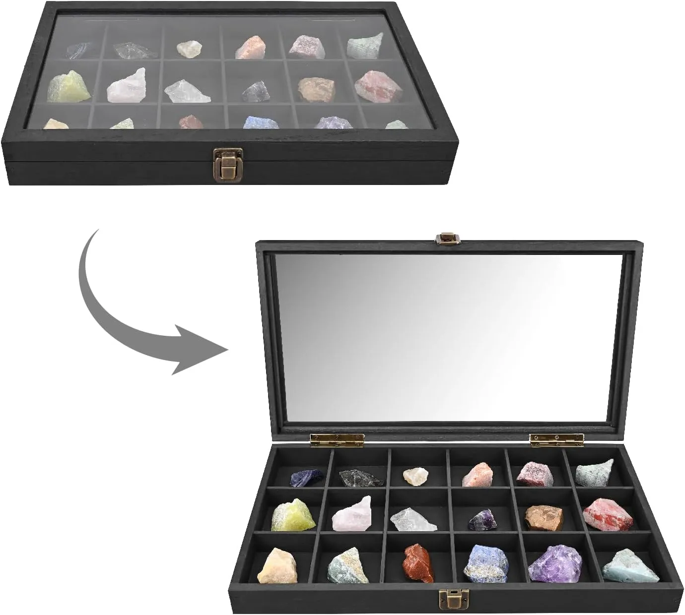 MOOCA Wooden Jewelry Display Case with Tempered Glass Lid & 18 Compartments Tray, Rock Collection Box, Crystal Display Case, Black Color