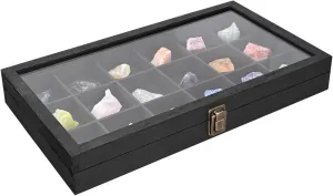 MOOCA Wooden Jewelry Display Case with Tempered Glass Lid & 18 Compartments Tray, Rock Collection Box, Crystal Display Case, Black Color
