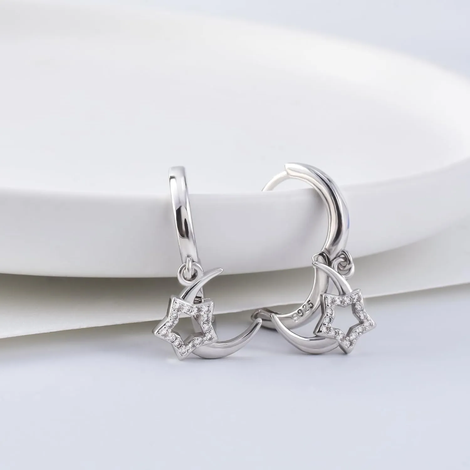 Moon Star Hoop Earrings For Women Sterling Silver Star and Moon Dangle Drop Tassel Earrings Fashion Jewelry Gift for Daughter Girlfriend Mom