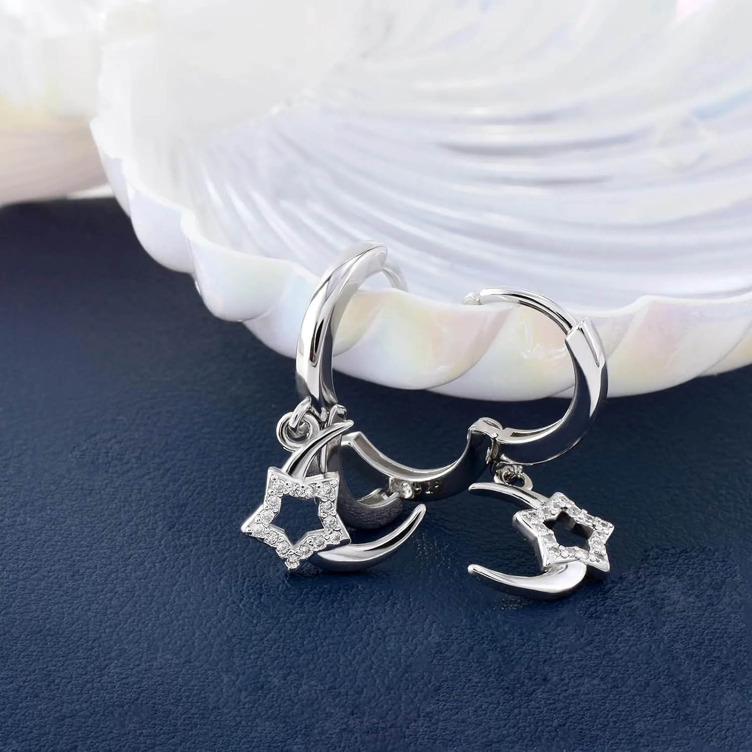 Moon Star Hoop Earrings For Women Sterling Silver Star and Moon Dangle Drop Tassel Earrings Fashion Jewelry Gift for Daughter Girlfriend Mom