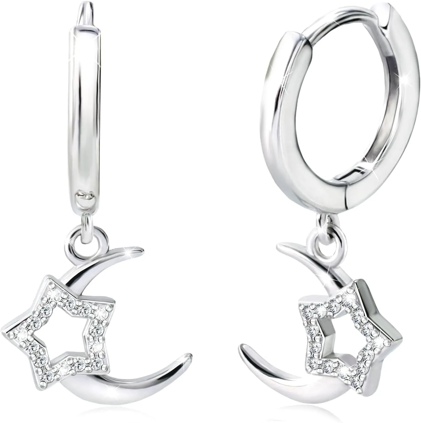 Moon Star Hoop Earrings For Women Sterling Silver Star and Moon Dangle Drop Tassel Earrings Fashion Jewelry Gift for Daughter Girlfriend Mom