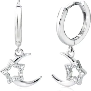 Moon Star Hoop Earrings For Women Sterling Silver Star and Moon Dangle Drop Tassel Earrings Fashion Jewelry Gift for Daughter Girlfriend Mom