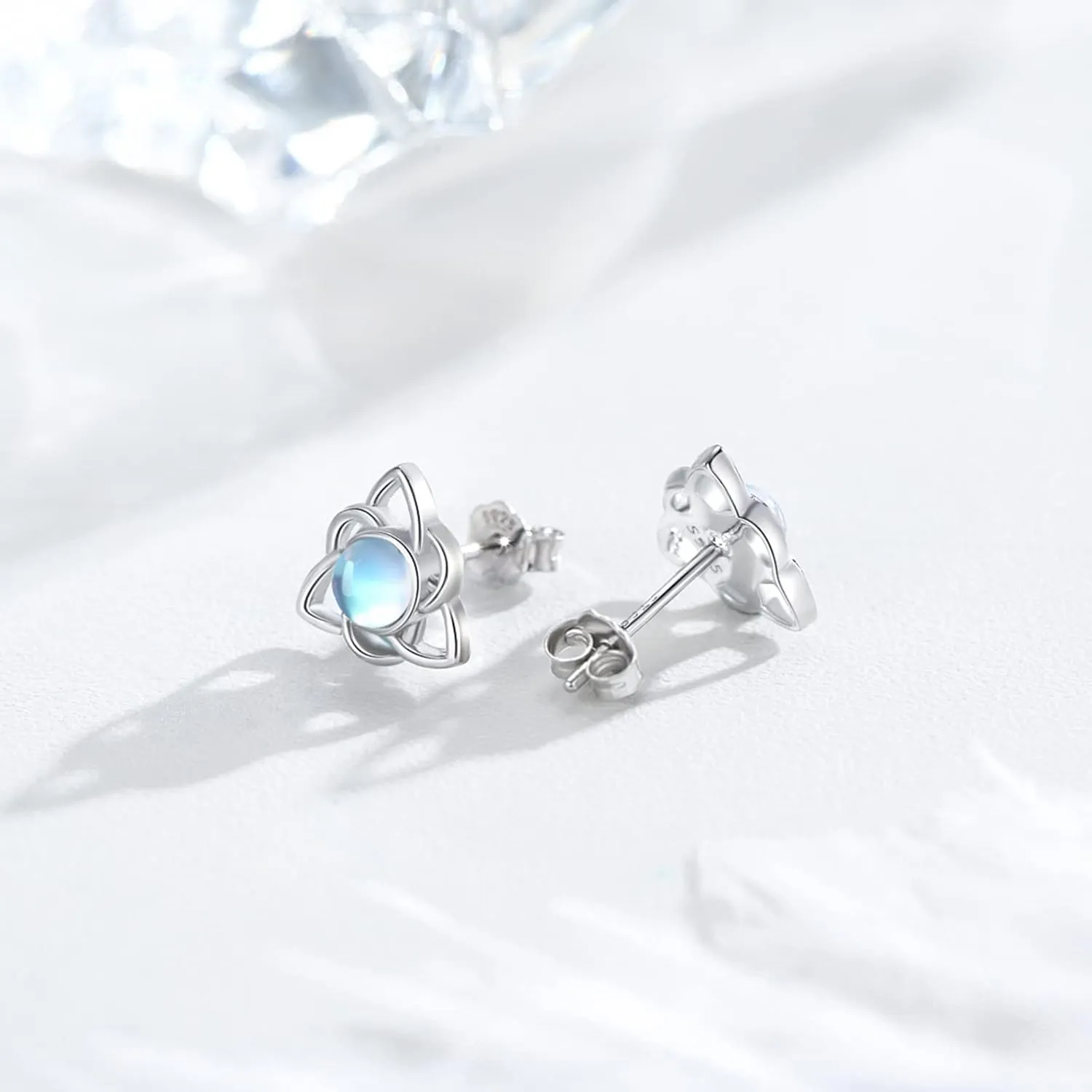 Moonstone Stud Earrings Sterling Silver Rainbow Moonstone Hypoallergenic Earrings Tiny Lightweight Piercing Stud Jewelry for Women Friend with Gifts Box