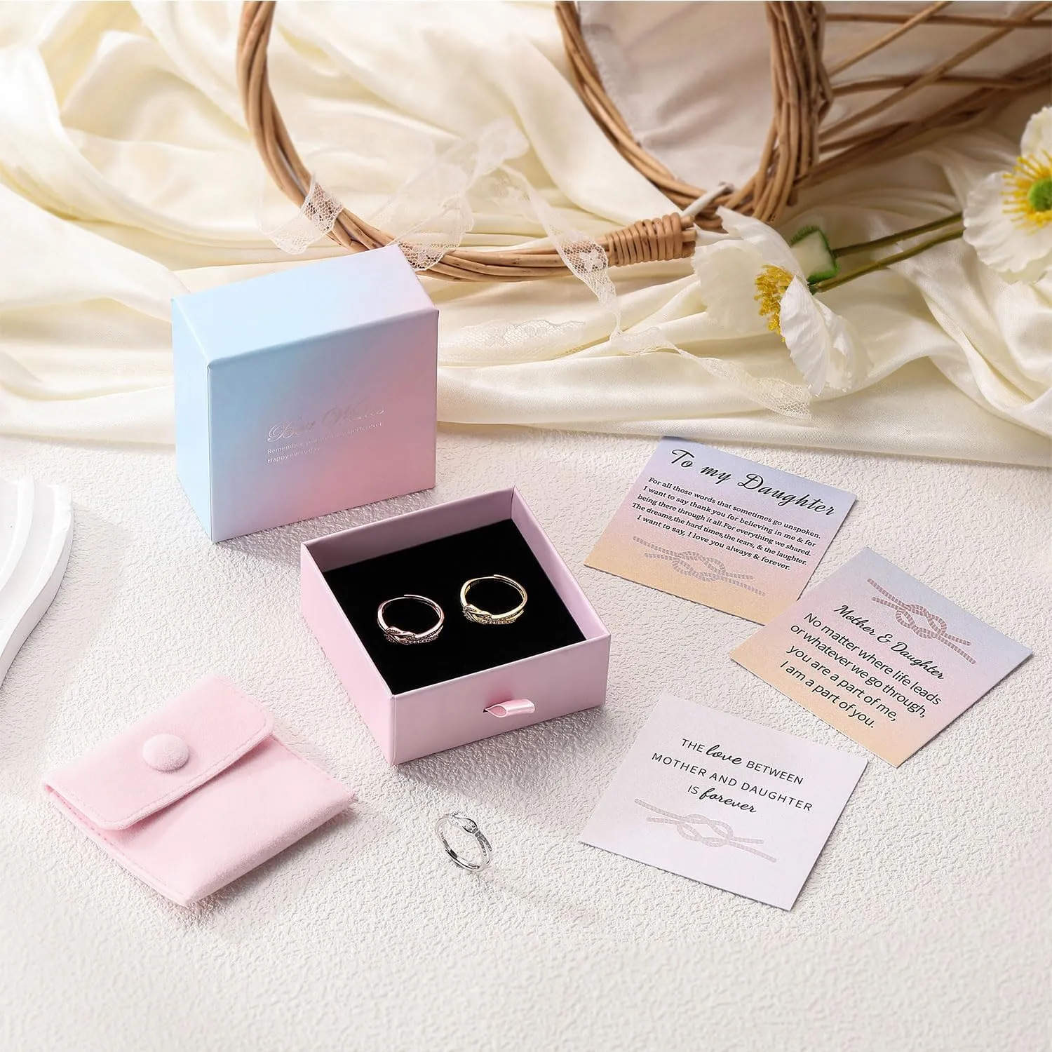 Mother Daughter Ring, Daughter Gifts from Mom, S925 Sterling Silver Knot Ring Dainty CZs Stackable Rings Bands for Women Promise Rings for Her Jewelry Birthday Gifts Christmas Gifts