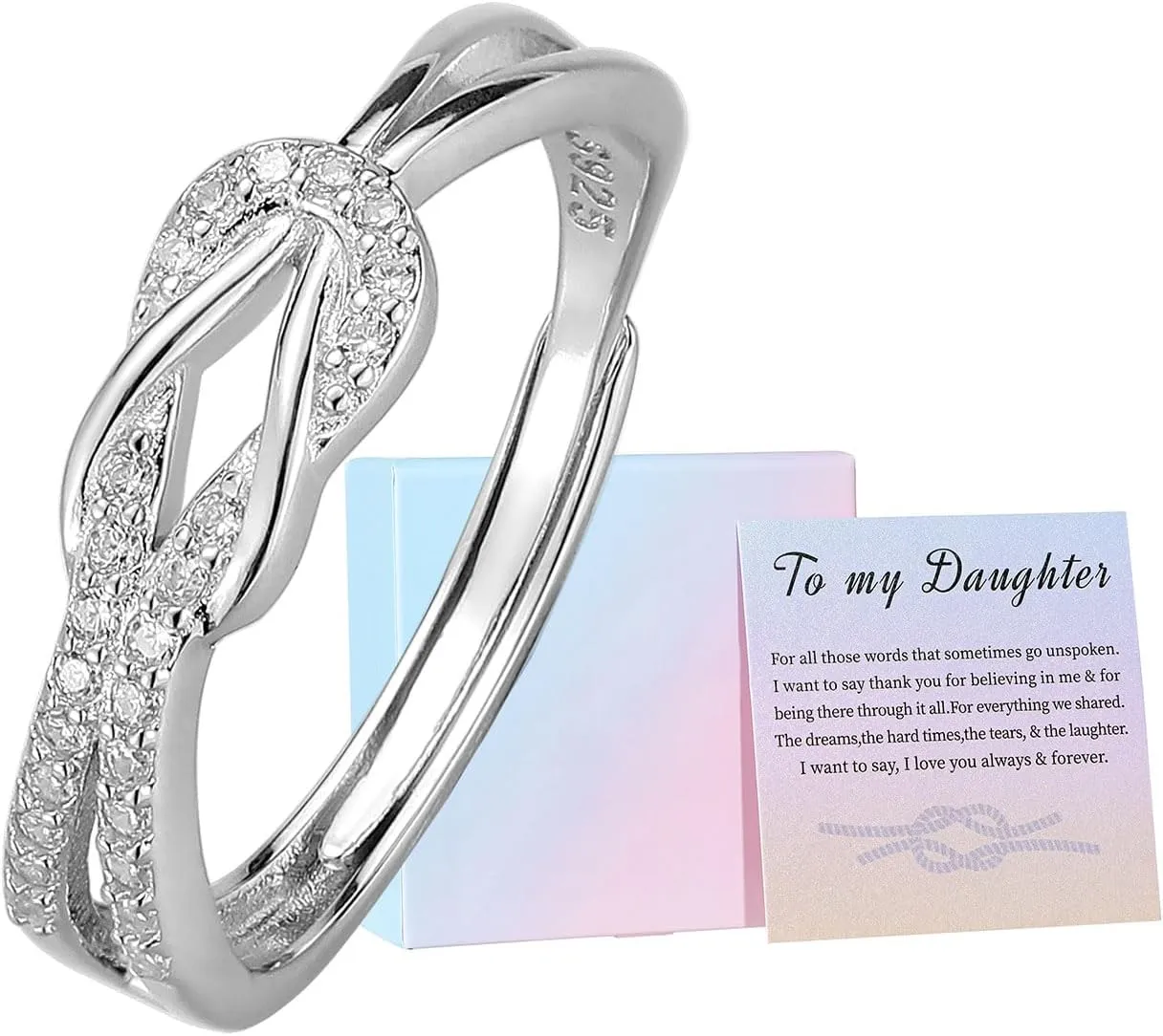 Mother Daughter Ring, Daughter Gifts from Mom, S925 Sterling Silver Knot Ring Dainty CZs Stackable Rings Bands for Women Promise Rings for Her Jewelry Birthday Gifts Christmas Gifts