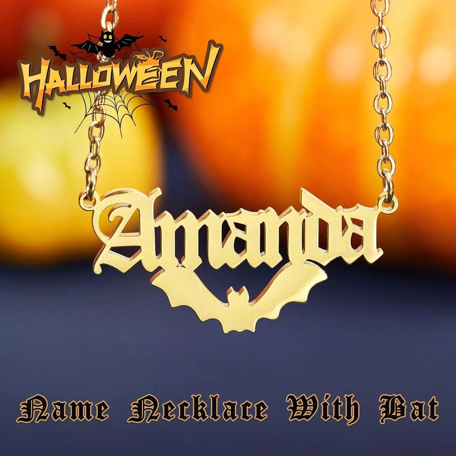 MOTICIUS Custom Name Necklace Personalized Halloween Necklace with Name Bat/Pumpkin/Ghost/Witch Hat/Witch Broom/Witch Pendant Peronalized Name Necklace for Women Men Customized Jewelry Halloween Gifts