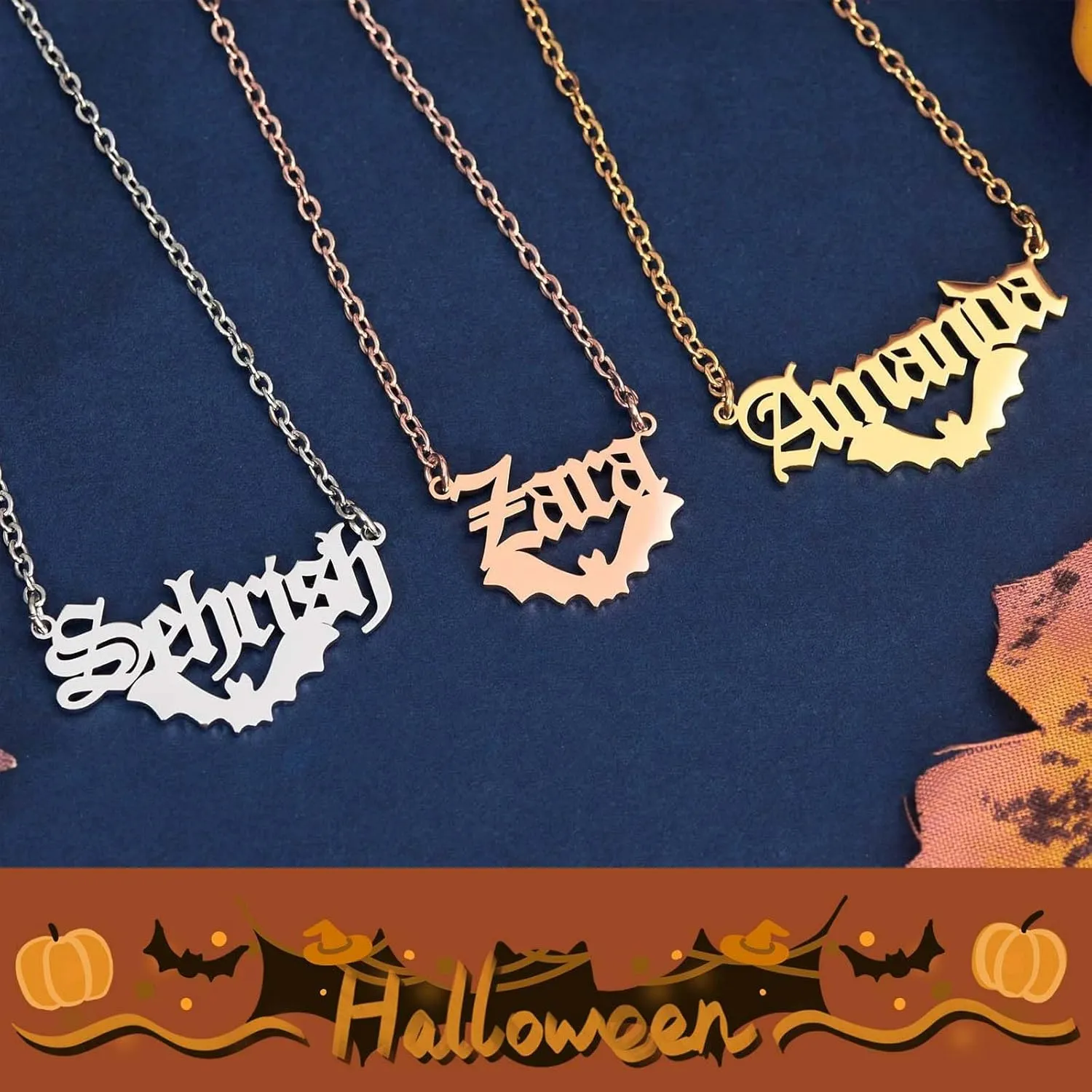 MOTICIUS Custom Name Necklace Personalized Halloween Necklace with Name Bat/Pumpkin/Ghost/Witch Hat/Witch Broom/Witch Pendant Peronalized Name Necklace for Women Men Customized Jewelry Halloween Gifts