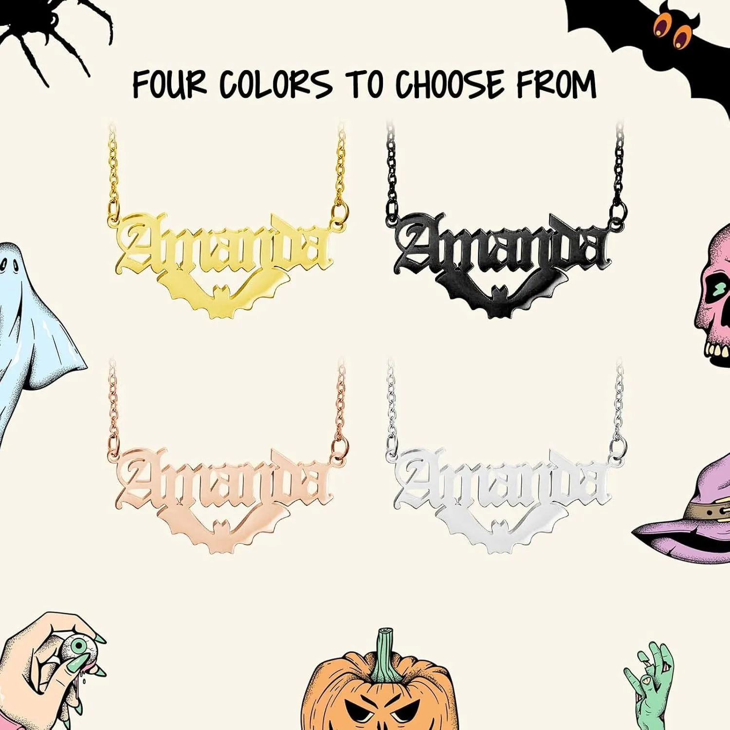 MOTICIUS Custom Name Necklace Personalized Halloween Necklace with Name Bat/Pumpkin/Ghost/Witch Hat/Witch Broom/Witch Pendant Peronalized Name Necklace for Women Men Customized Jewelry Halloween Gifts