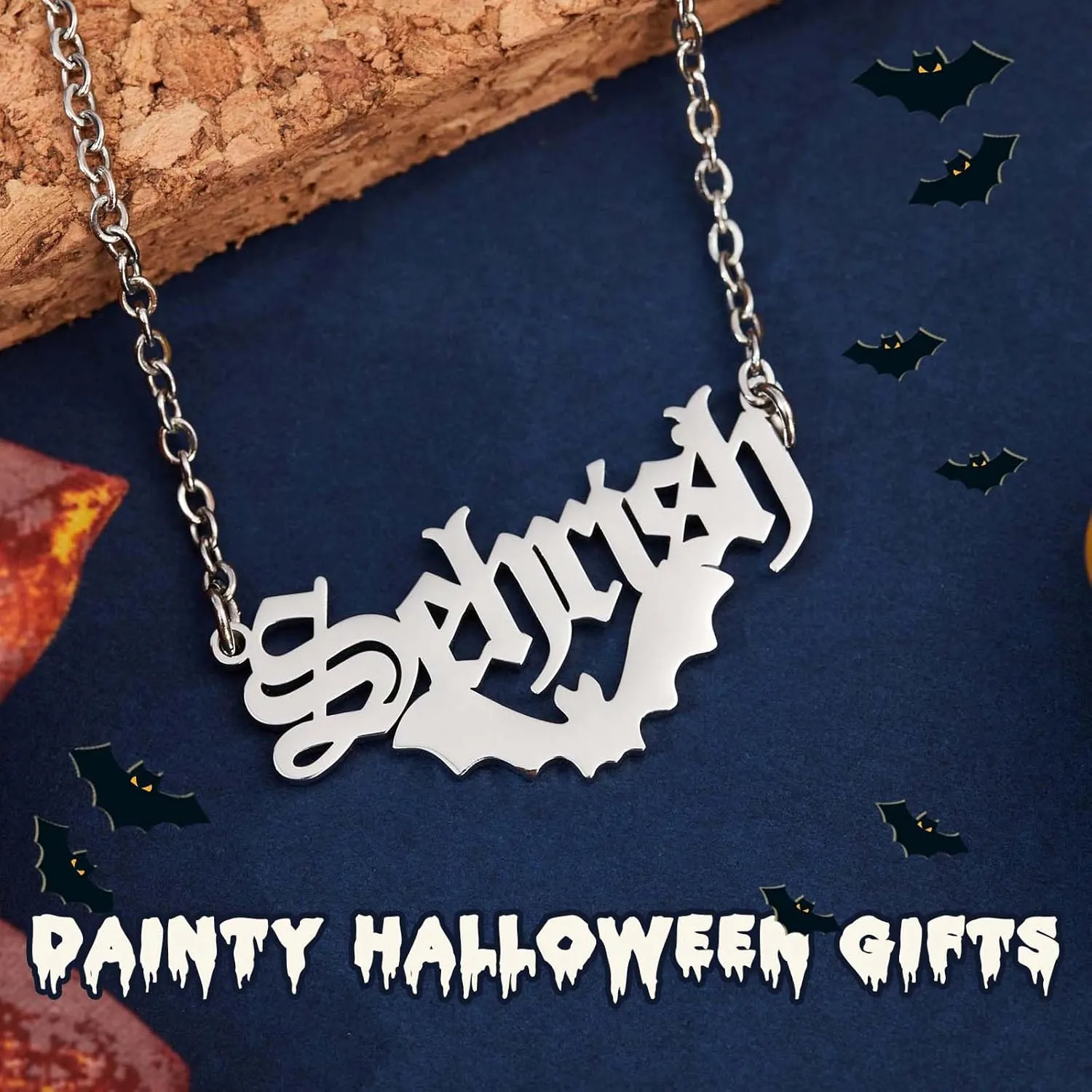 MOTICIUS Custom Name Necklace Personalized Halloween Necklace with Name Bat/Pumpkin/Ghost/Witch Hat/Witch Broom/Witch Pendant Peronalized Name Necklace for Women Men Customized Jewelry Halloween Gifts