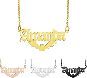 MOTICIUS Custom Name Necklace Personalized Halloween Necklace with Name Bat/Pumpkin/Ghost/Witch Hat/Witch Broom/Witch Pendant Peronalized Name Necklace for Women Men Customized Jewelry Halloween Gifts