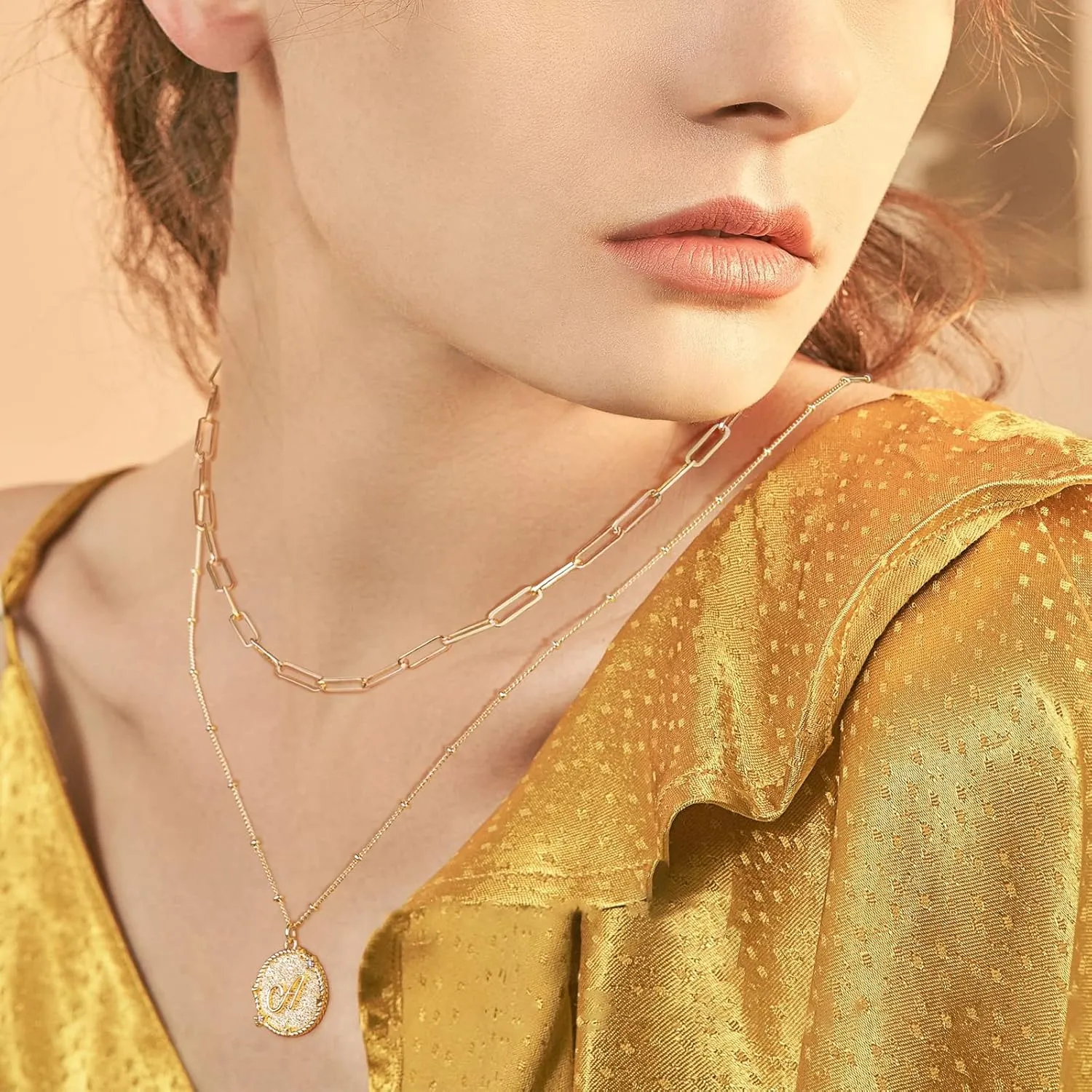 MTMY Dainty Layered Initial Necklaces for Women, 14K Gold Plated Adjustable Paperclip Chain Necklace Personalized Engraved Letter Pendant Choker Necklace