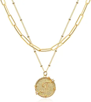 MTMY Dainty Layered Initial Necklaces for Women, 14K Gold Plated Adjustable Paperclip Chain Necklace Personalized Engraved Letter Pendant Choker Necklace