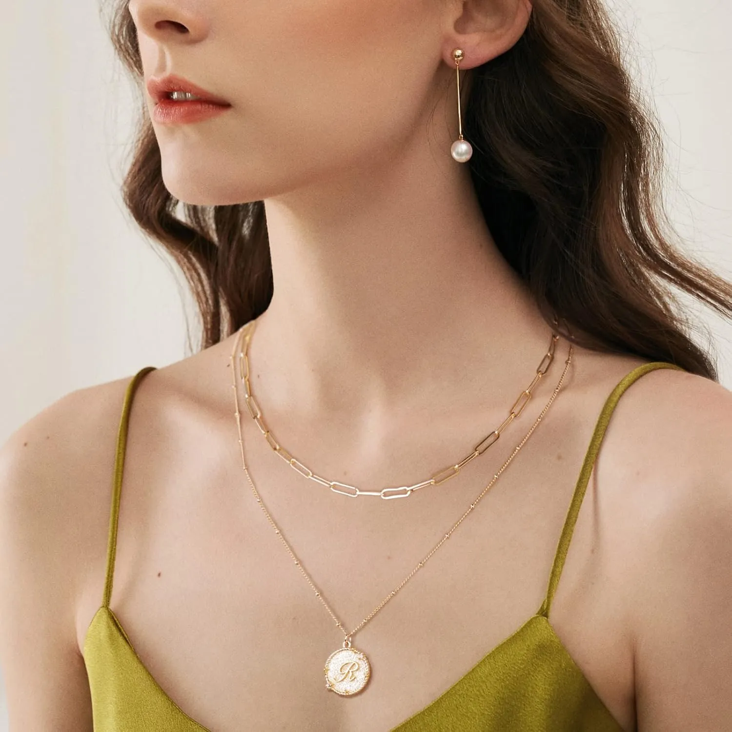MTMY Dainty Layered Initial Necklaces for Women, 14K Gold Plated Adjustable Paperclip Chain Necklace Personalized Engraved Letter Pendant Choker Necklace