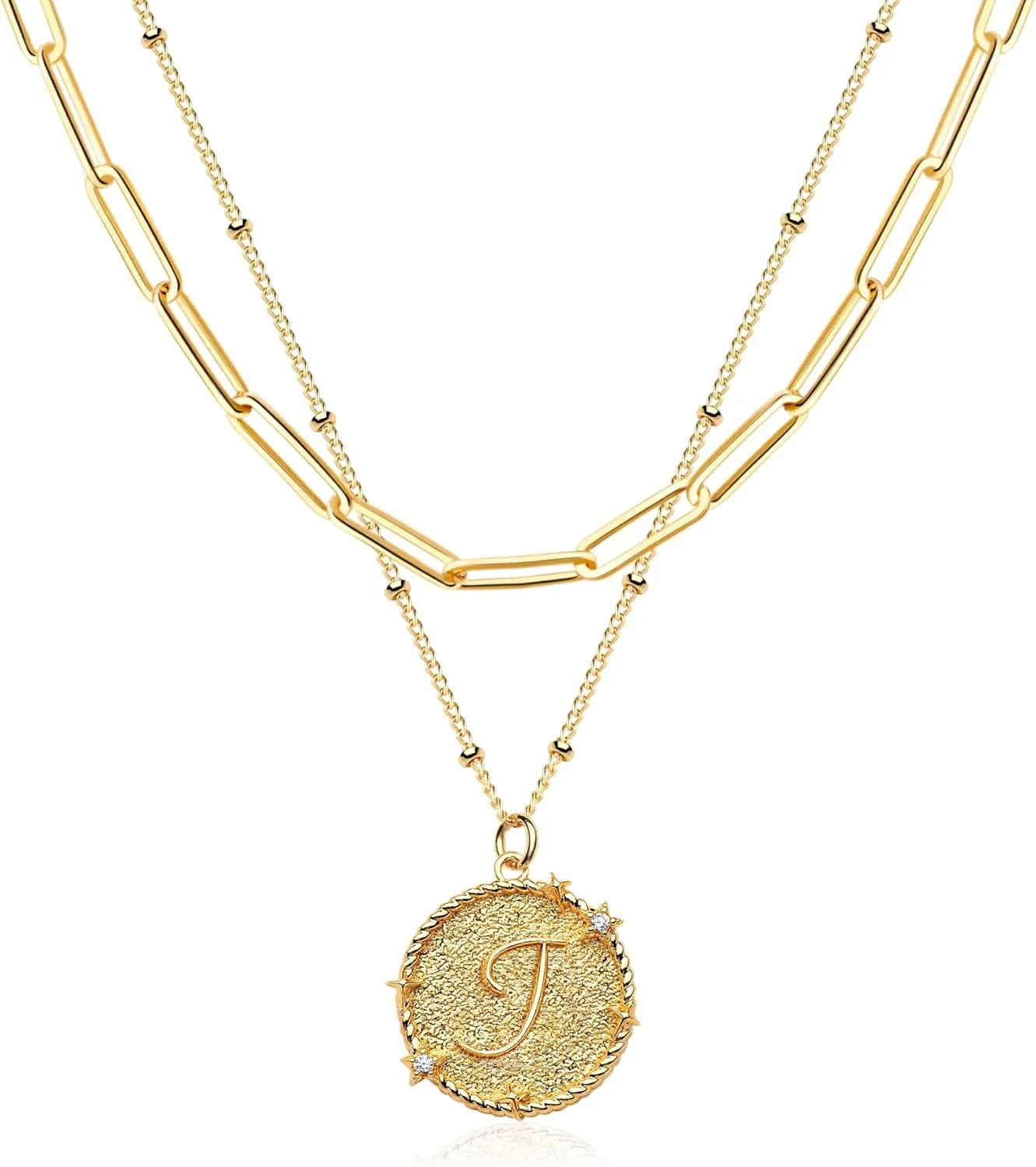 MTMY Dainty Layered Initial Necklaces for Women, 14K Gold Plated Adjustable Paperclip Chain Necklace Personalized Engraved Letter Pendant Choker Necklace
