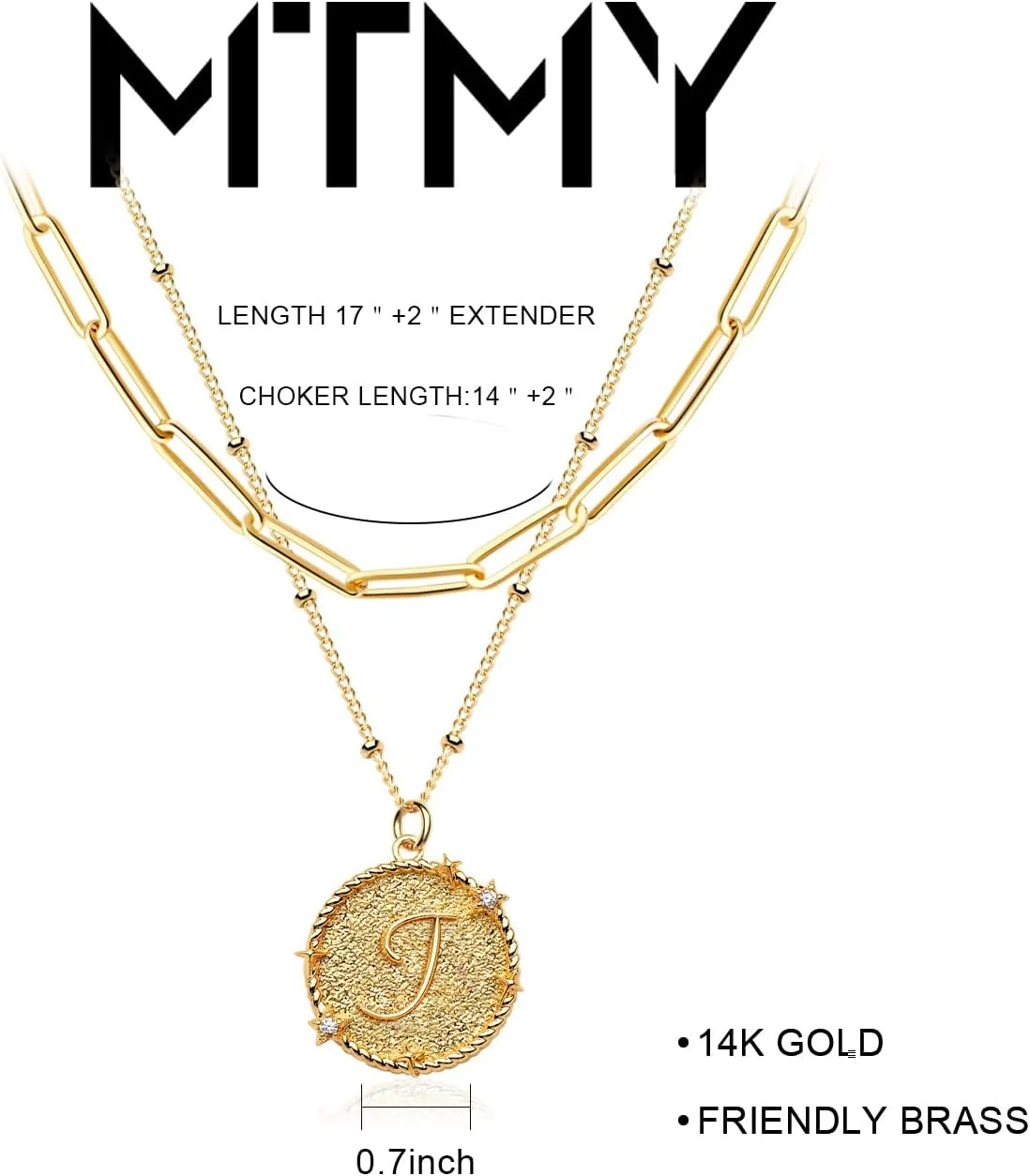 MTMY Dainty Layered Initial Necklaces for Women, 14K Gold Plated Adjustable Paperclip Chain Necklace Personalized Engraved Letter Pendant Choker Necklace