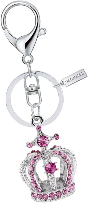 MZ850-4 Cute Pink Crystal 3D Crown Keychain Key Ring with Pouch Bag