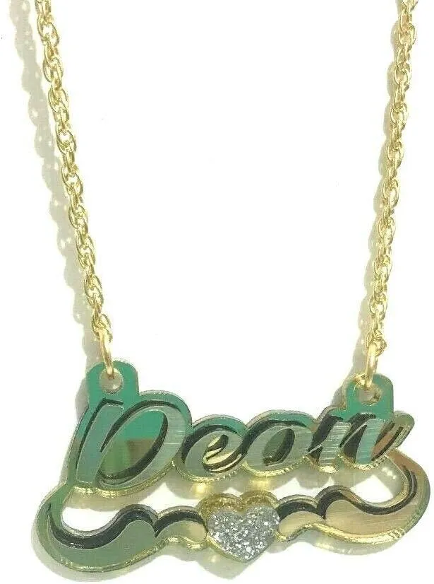 Name Plate Custom Script Name Necklace Nameplate Color Choice Laser Cut Personalized, Cursive Script Gold Letters, Swirls Design, Gold Chain and Heart, Made To Order Any Name - Dazzling and Stunning!