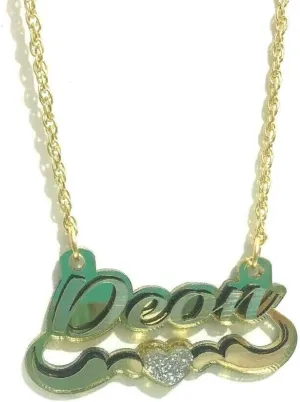 Name Plate Custom Script Name Necklace Nameplate Color Choice Laser Cut Personalized, Cursive Script Gold Letters, Swirls Design, Gold Chain and Heart, Made To Order Any Name - Dazzling and Stunning!