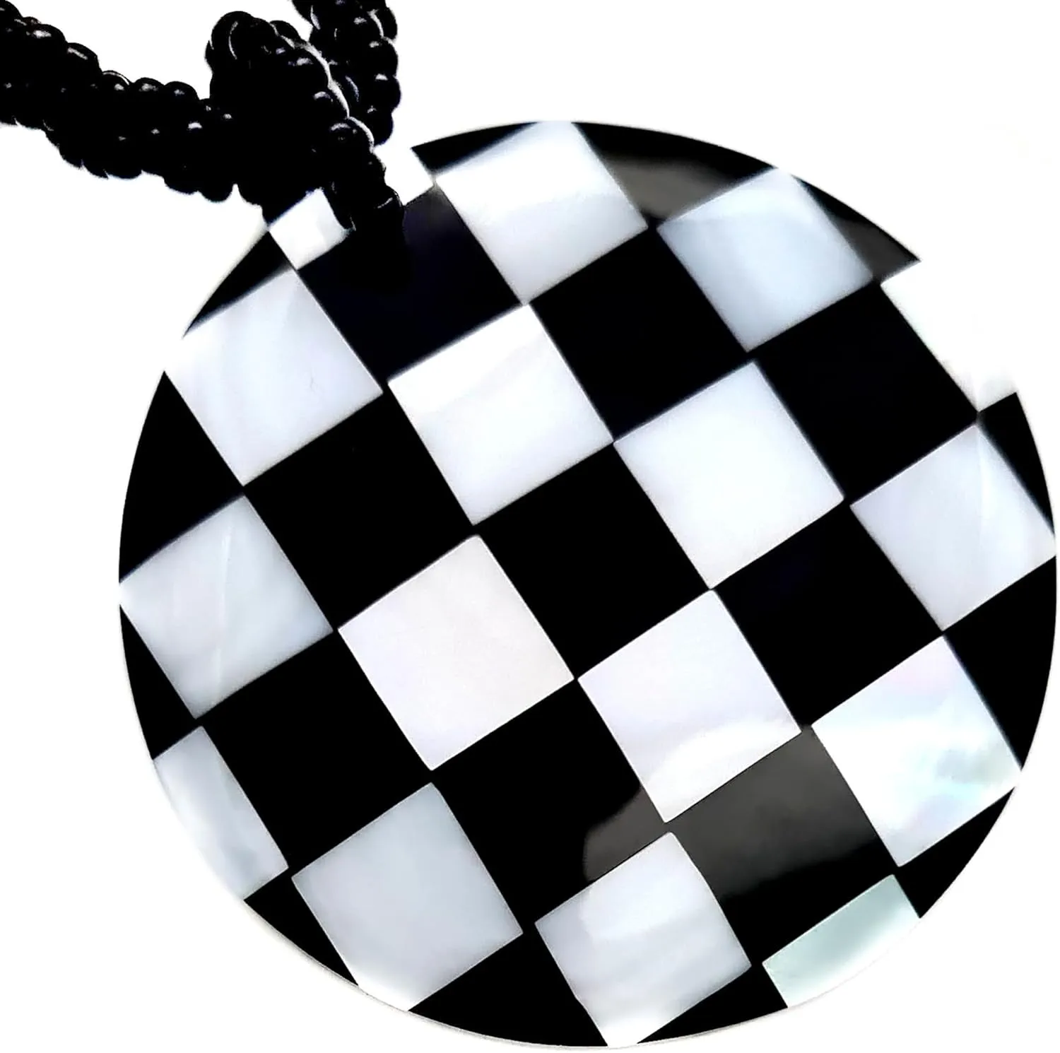 Natural Mother of Pearl Necklace, Handmade Round Checkered Flag Necklace, Dangle Drop Checkered Necklace, Racing Necklace for Men Women DA071